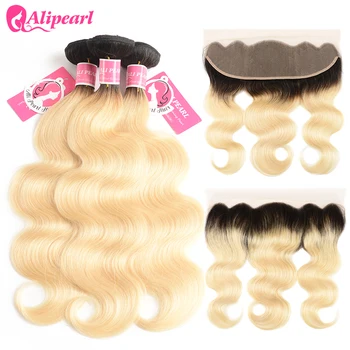 

AliPearl Hair Ombre Blonde Bundles With Frontal 1B/613 Dark Roots Perruque Blonde Brazilian Body Wave 3 PCS Remy Hair Extensions