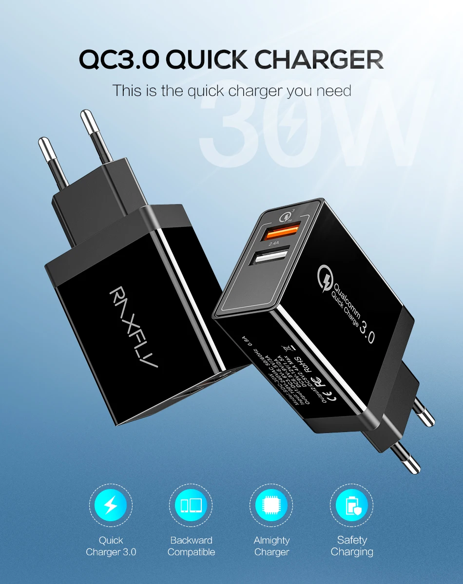 RAXFLY Quick Charge 3,0 30 Вт два порта USB зарядное устройство для samsung S9 S8 Быстрая зарядка для Xiaomi Redmi Note 7 huawei зарядное устройство для телефона