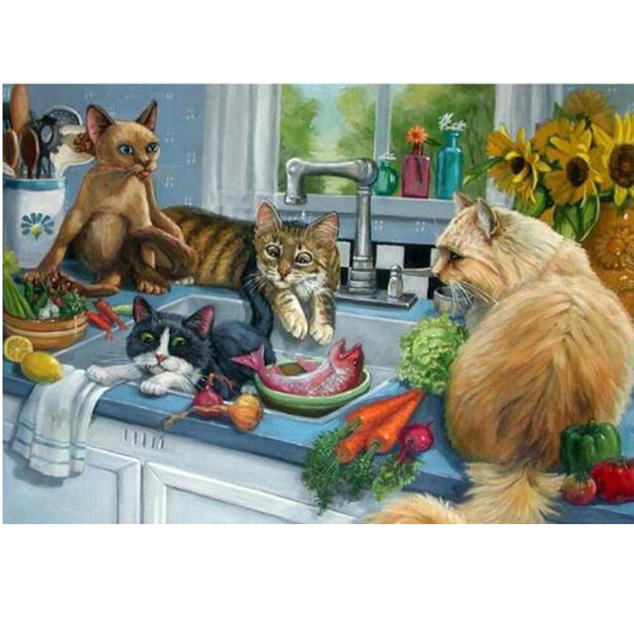 

Full Square 5D DIY Diamond Painting Kitchen Cats Embroidery Cross Stitch Mosaic Needleworks picture of rhinestones Home Decor