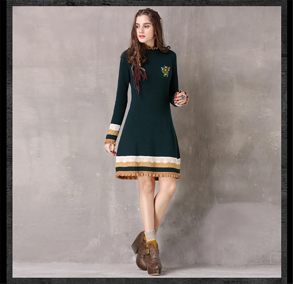 Vintage Winter Sweater Dress Women Green Casual Elasticity Cotton Dresses Autumn Knitting Ruffles-Neck Long Sleeve Dresses (16)