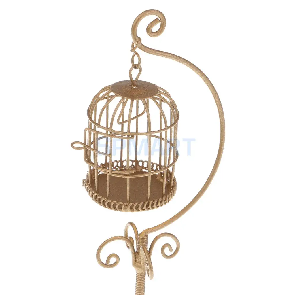  1:12 Scale Vintage Metal Bird Cage with Holder Stand Dollhouse Miniature for 12th Dolls House Decoration Accessories