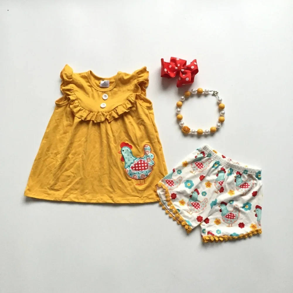 

Summer outfits short sleeves barn yard chick mustard blue pom-pom shorts baby girls kidswear boutique clothes match accessories
