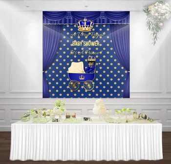 

HUAYI gold and royal blue prince curtain crown dot photography backdrop for king boy baby shower decor banner background sm-038