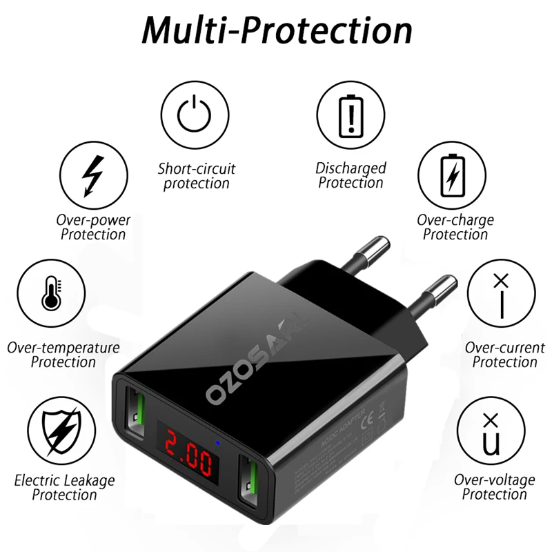Зарядное устройство с 2 USB портами и светодиодным дисплеем макс. А|Зарядные