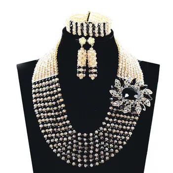 

2017 Latest Gold Black Women Nigerian Wedding Beads Jewelry Set Crystal African Beaded Necklace Set Party Neckpiece JewelryJB002