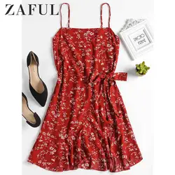 ZAFUL оборками перекрытия мини-платье Для женщин Цветочный оборками на бретельках пляжное платье Boho летние платья на бретелях платье для