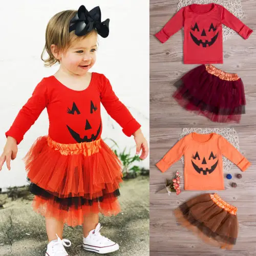 Toddler Baby Girl Clothes Halloween Pumpkin T shit+Dress Shiny Party