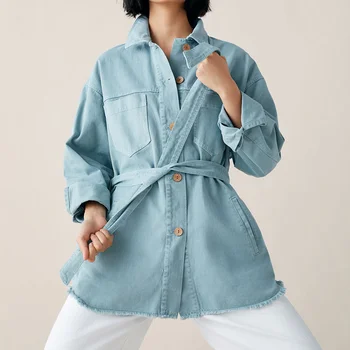 

Autumn Denim Belt Vintage Coat Tops Women Jeans Sashes Single Breasted Pockets Jacket Female 2019 Spring Blue Loose Coats Woman