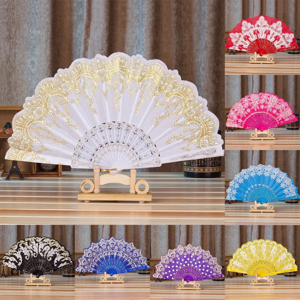 

7 Styles Folding Hand Held Polyester Flower Fan For Dance Party