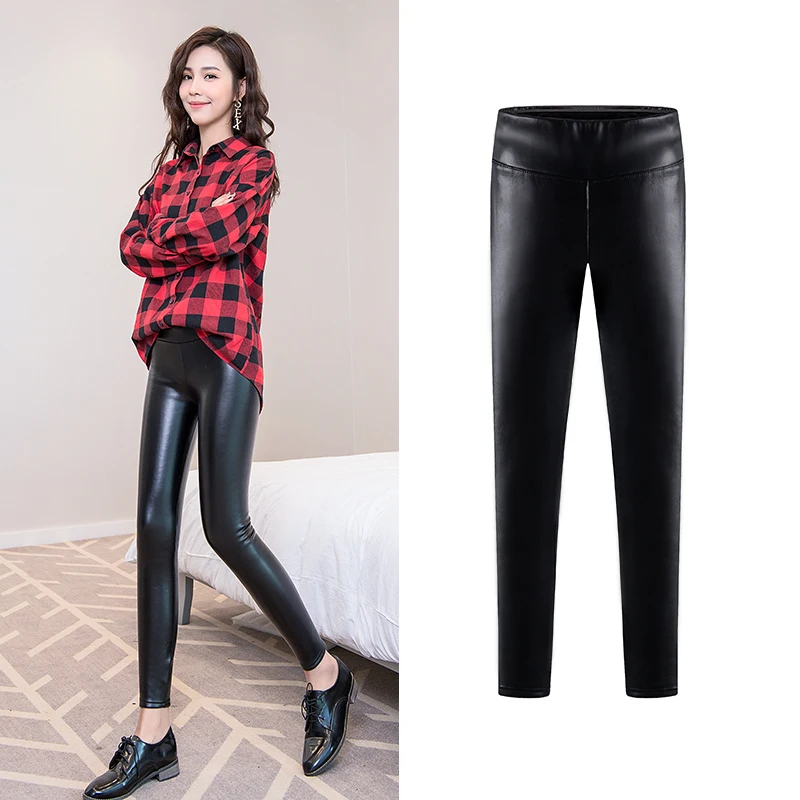 

women 2017 winter Velvet PU leather Pant 2XL black faux leather Trousers Slim Leggings Female Pencil Pants Free shipping