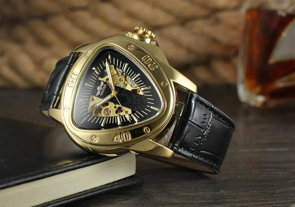 WINNER модные креативные треугольные классические черные золотые мужские наручные часы с тремя стрелками