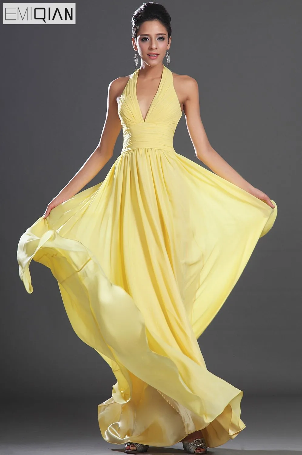 

Free Shipping Simple Elegant V Neck Halter Yellow Chiffon Formal Evening Dress