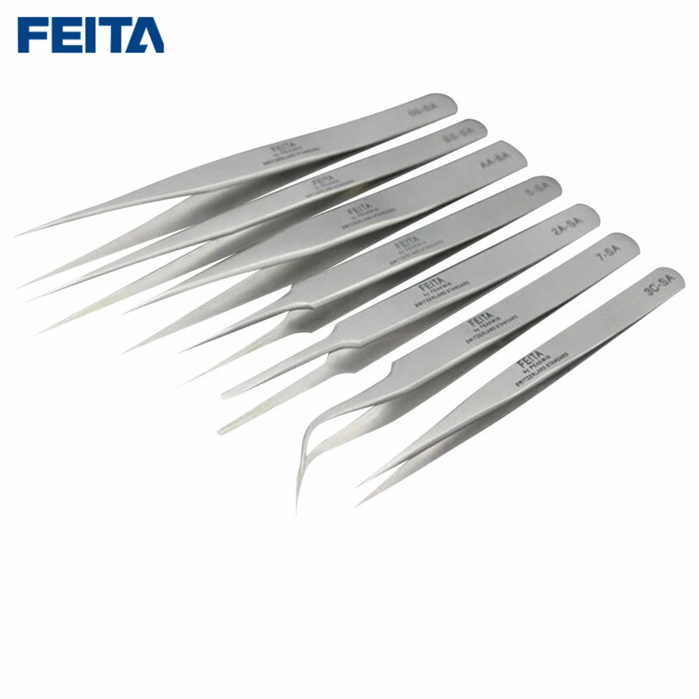 

FEITA 5Pcs Stainless steel tweezers Set Switzerland Professional Angle Curved Straight Head Tools for Fake Eyelash Extension