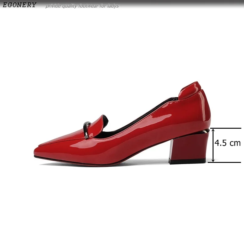 EGONERY/Женская обувь Новые Модные дышащие туфли-лодочки из лакированной кожи, с острым носком, на среднем квадратном каблуке, без застежки, с металлическим украшением
