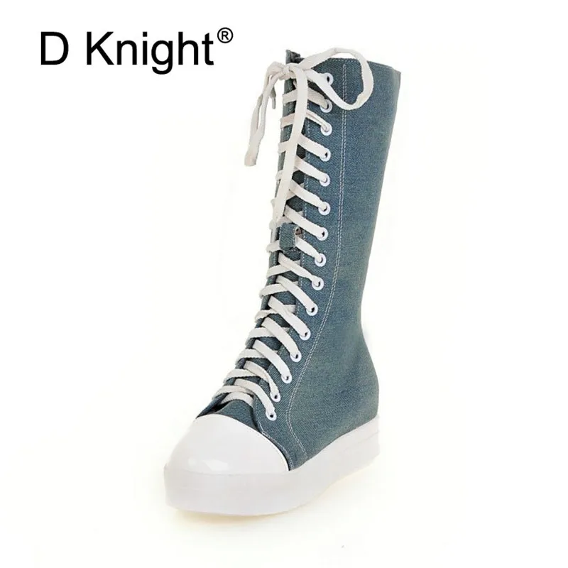 

Fashion Canvas Lace Zip Women Knee High Boots Round Toe Short Plush Women Snow Boots Tall Punk Casual Flat Platform Shoes Boots