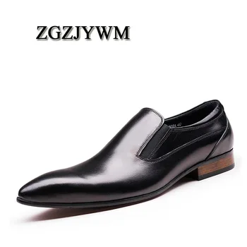 

ZGZJYWM New Fashion Comfortable Black/Red Genuine Leather Elastic Band Pointed Toe Flat Man Casual Classic Gentleman Shoes