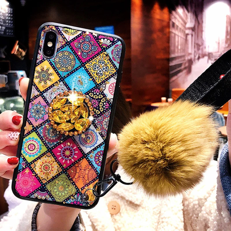 S8Plus S9Plus Cases Luxury DIY crystal Holder+Fur Ball+Strap Phone case For Samsung Galaxy S8 S9 note 8 9 TPU Bling Funds Coque