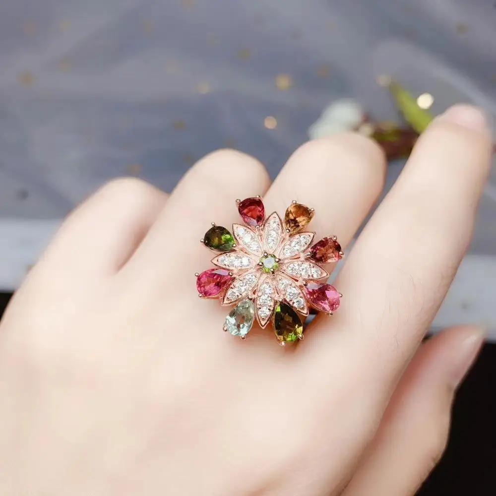 

fashion Candy color tourmaline gemstone ring for women ornament flower style natural gem certificate real 925 silver girl gift