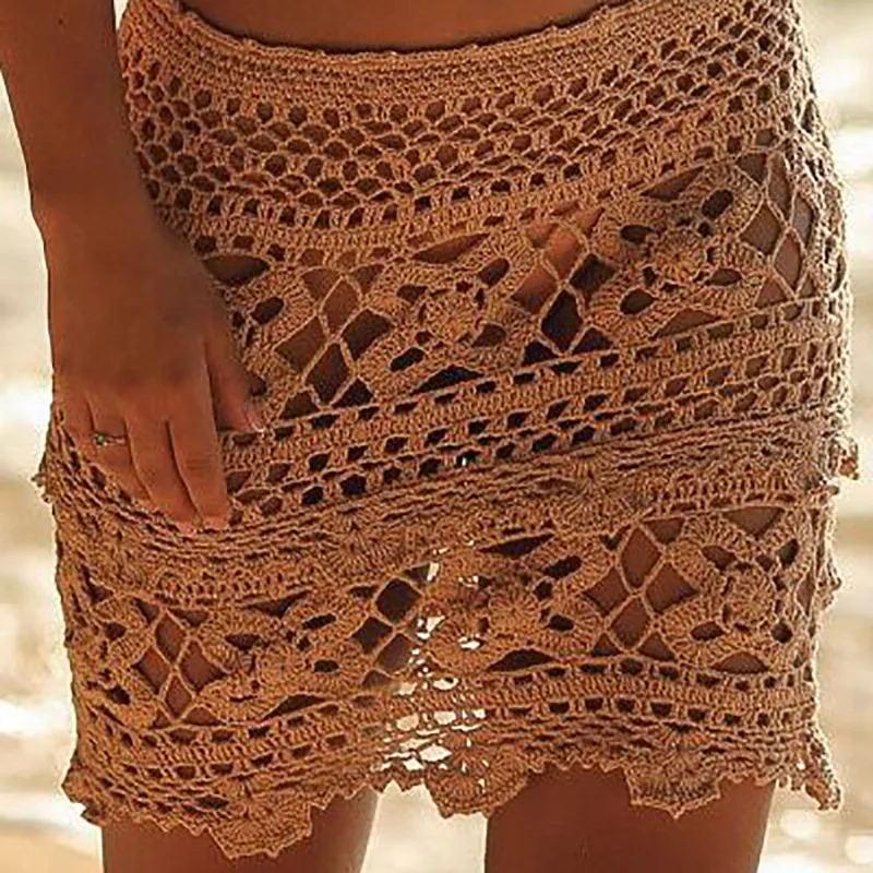 CROCHET BIKINI Fashion Summer Women Cotton Hollow-Out Beach Handmade Flower sexy swimsuit Solid Color A-Line Skirt Free