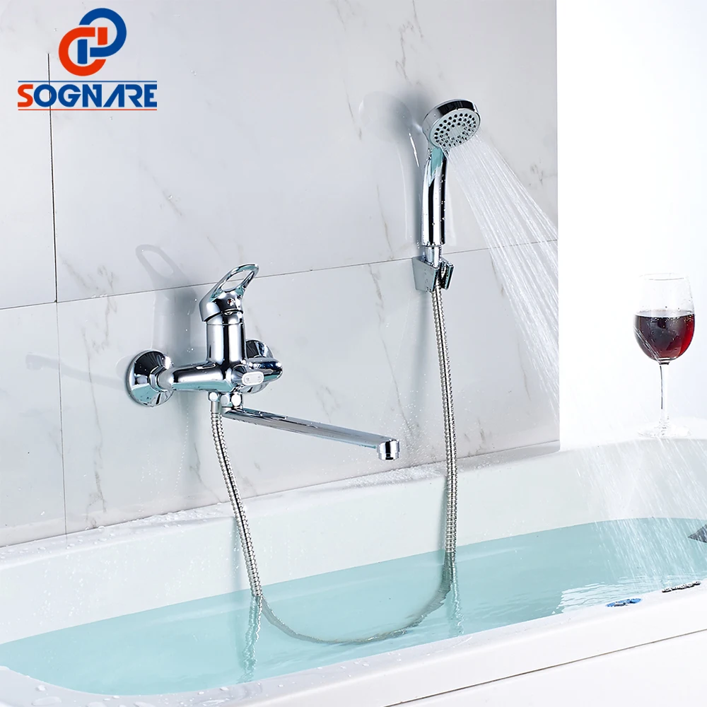 

SOGNARE 35cm Silver Outlet Pipe Bathroom Shower Faucet Set Shower Mixer Faucet with Hand Shower Head Bathroom Tap Bathtub Faucet