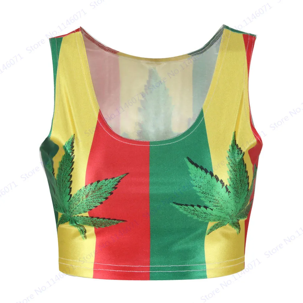South Africa Style Running Vest Cropped Red Yellow Stripes Fitness Bustier Crop Top Green Leaves