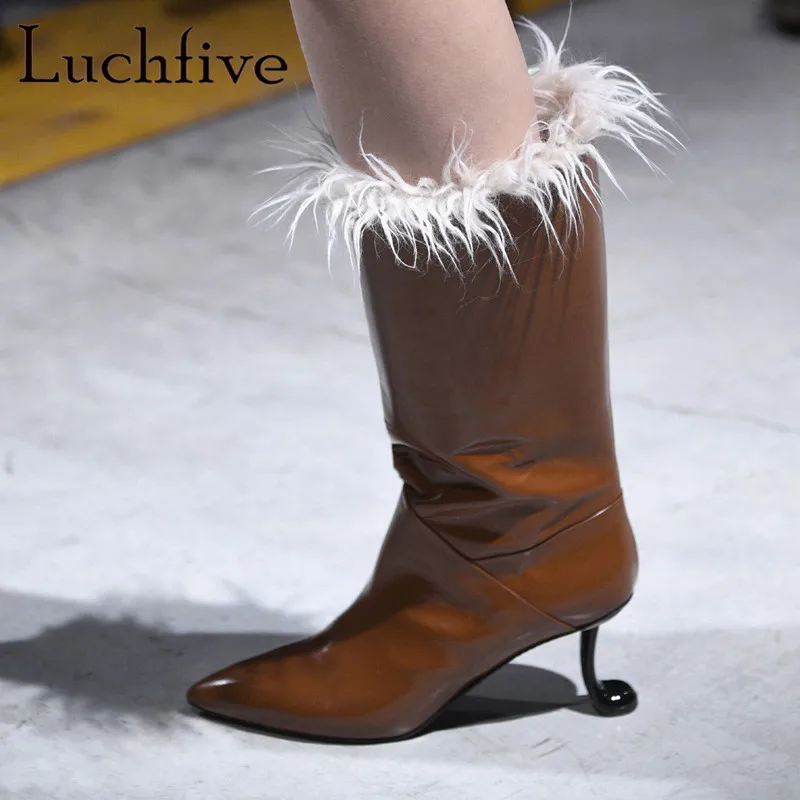 

2018 winter fur boots women tobacco pipe strange high heel genuine leather mid-calf boots pointed toe booties mujer