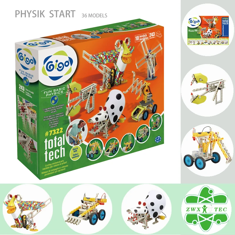 Gigo 243PCS 10 Models Enjoying Fun Basic Physics Toys with Mechaanical Pets, Machines and