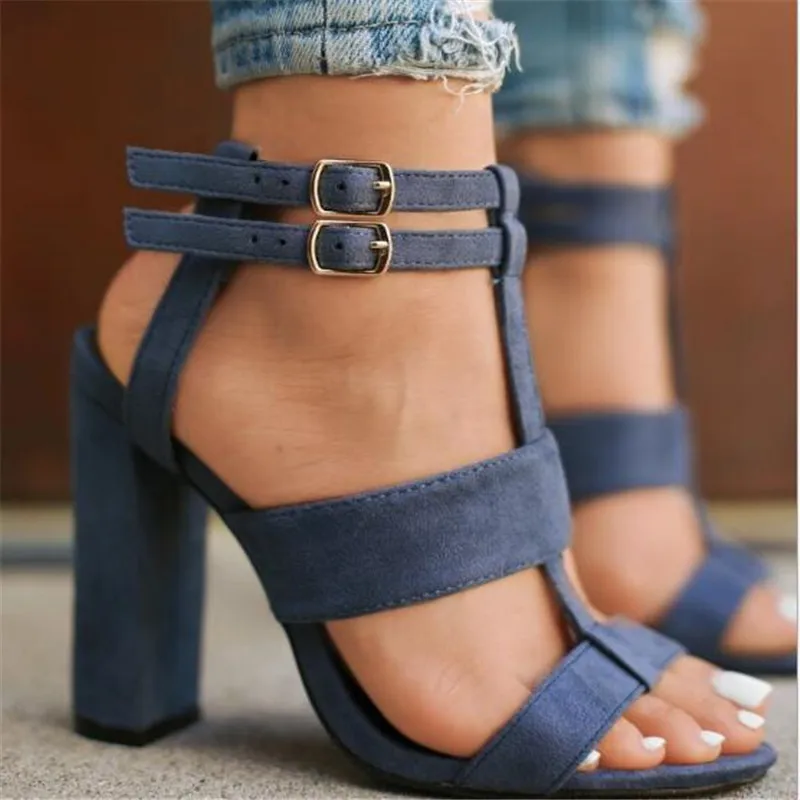 

JINTOHO 2019 Summer Women Flock Square Heel Sandals High Heels Buckle Strap Female Fashion Dress Woman Sandal Shoes Size 35-42