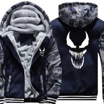 

New Arrived Men's Hoodie Venom Sweatshirt Costumes Camouflage Sleeve Thicken Zip Up Hooded Navy Blue Unisex Coat Jacket US Size