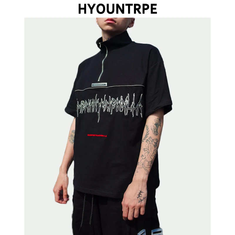 

Men's Embroidery Tee Shirts Loose Half High-neck Hip Hop T Shirt Cotton Fashion Skateboard High Street Couple Tees Streetwear