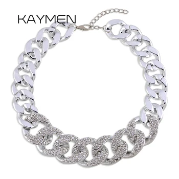

New Arrival Silver Plated Big Acrylic CCB Chain Inlaid Full AAA Rhinestones Charm Necklace For Women Chain Choker Necklace