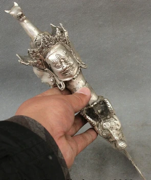 

wholesale factory 11" Tibet Silver Folk Mahakala Buddha Head Statue Phurpa Talismans Dragon Dagge