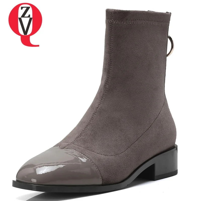 

ZVQ hot sale new concise square toe zip low square heel women ankle boots patent leather and kid suede three colors casual shoes