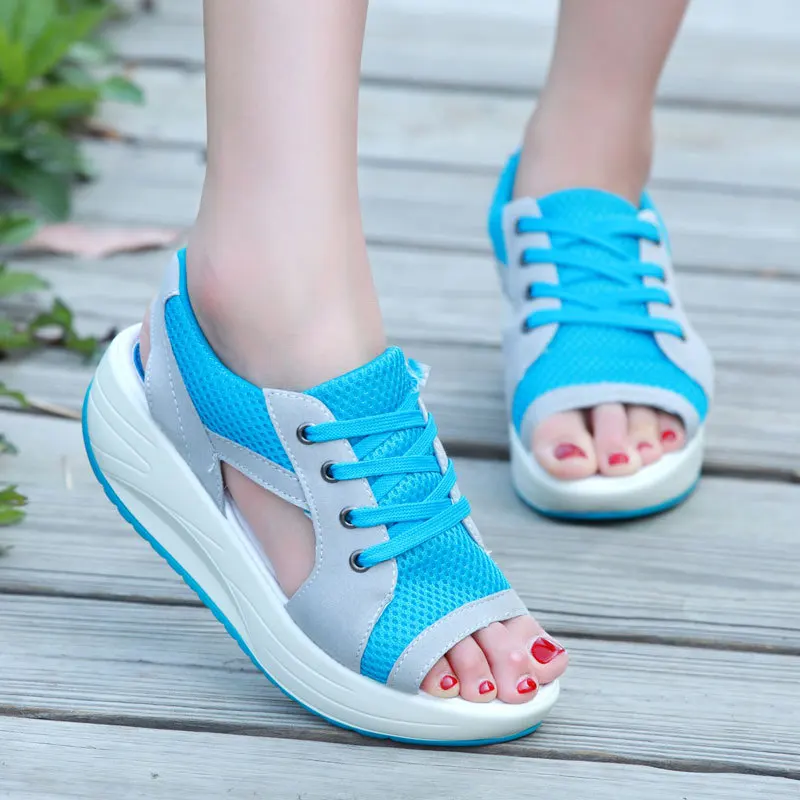 Women Sandals Fashion Platform Summer Shoes Women Mesh Lace Up Beach Canvas Shoes Muffin Bottom chunky sandals Wedges Female