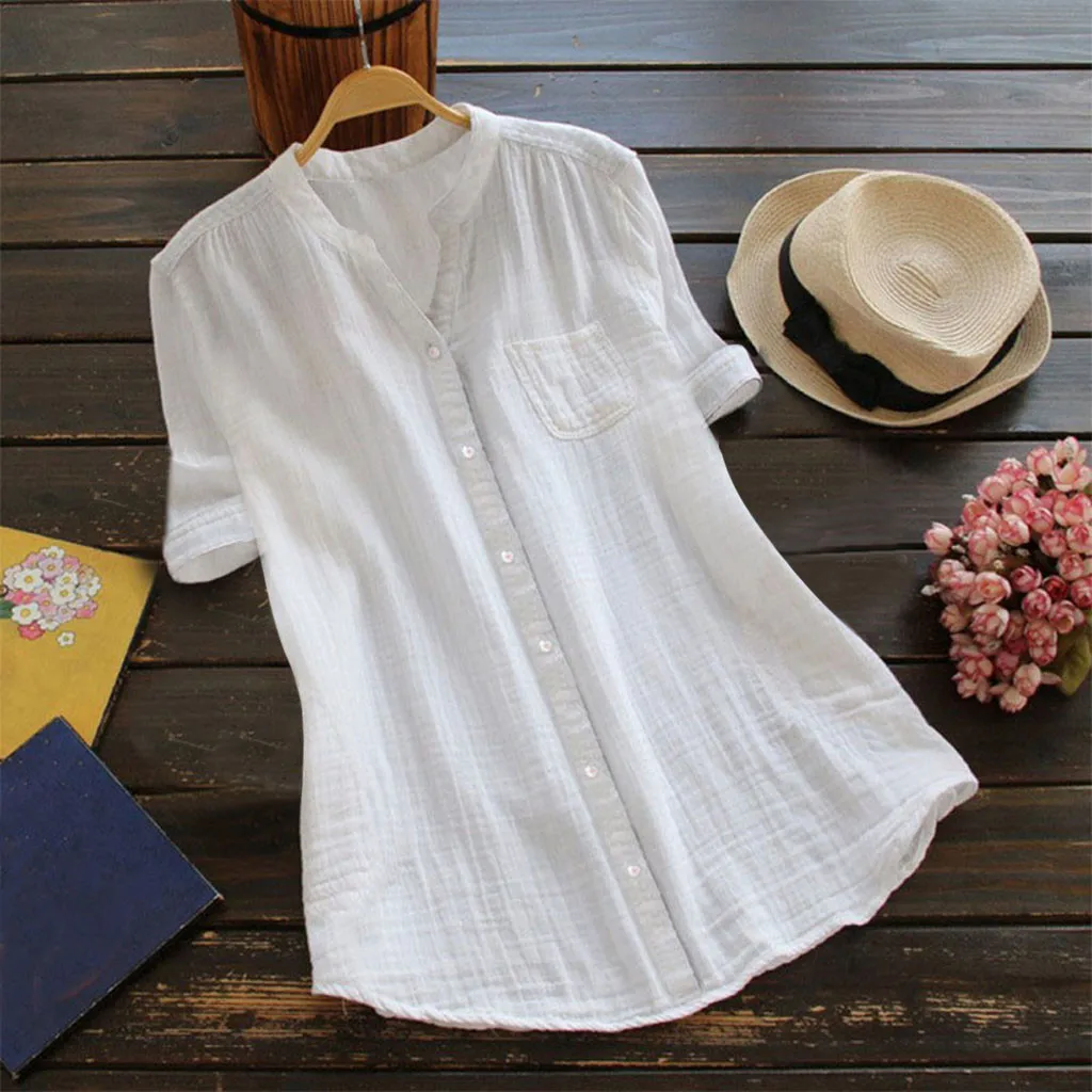 

Women Stand Collar Short Sleeve Casual Loose Tunic Top T Shirt rustic style simple White T-shirt feitong womens t shirt tops 5XL