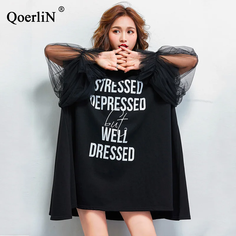 QoerliN Oversize Сетчатое платье Для женщин Письмо Модные принты Лето Платье с круглым вырезом короткие женские миди платья Свободная