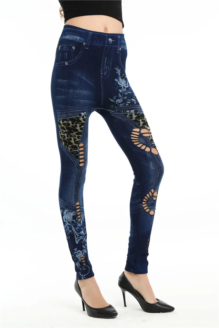 Fashion Slim Women Spring Summer Leggings Faux Denim Jeans Leggings Long Floral Printing Casual Pencil Pants Thin Fleece Inside white leggings