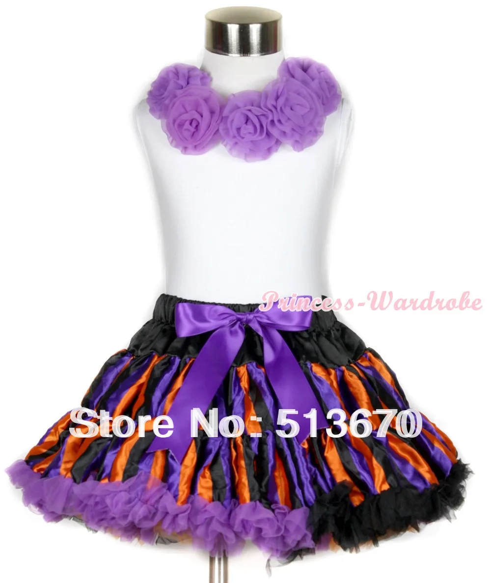 Halloween White Tank Top with Dark Purple Rosettes & Dark Purple Orange Black Striped Pettiskirt MAMG660 reigning champ ringspun tank top white