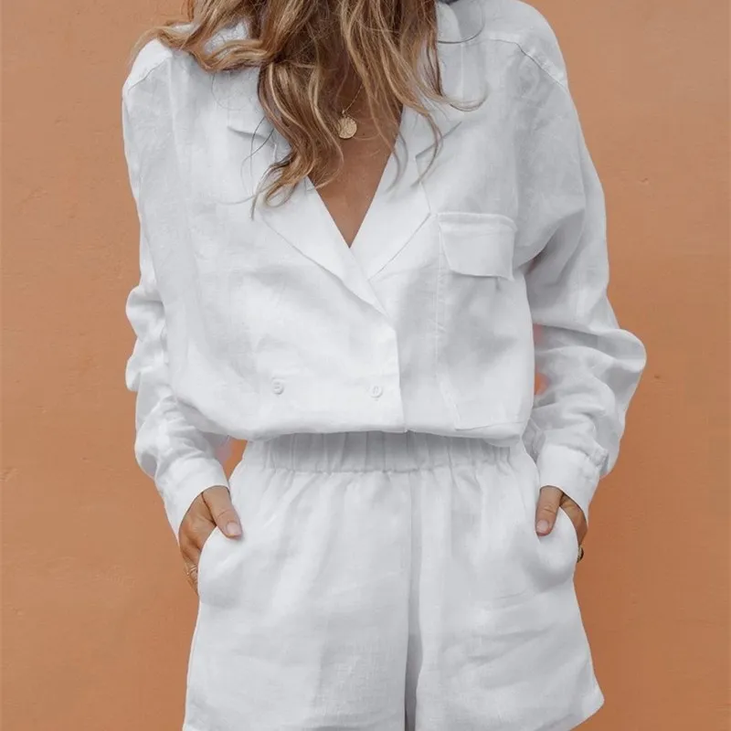 

2019 Double-Breasted Coat Shorts Top And Pants Suits Women Long Sleeve Loose Two Piece Set Elastic Waist Solid Outfits