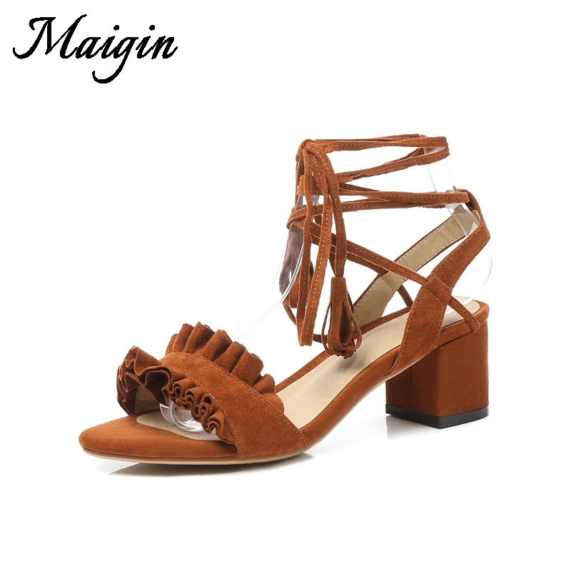Maigin 2018 New Summer Shoes Open Toe Lace Up Sandals Women Square Heel Women Footwear Cross-tied Ruffles Ladies Sandals Summer