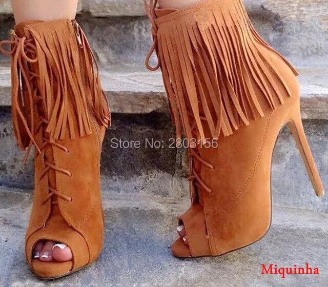 Tassels-lace-up-peep-toe-ankle-font-b-boots-b-font-font-b-orange-b-font