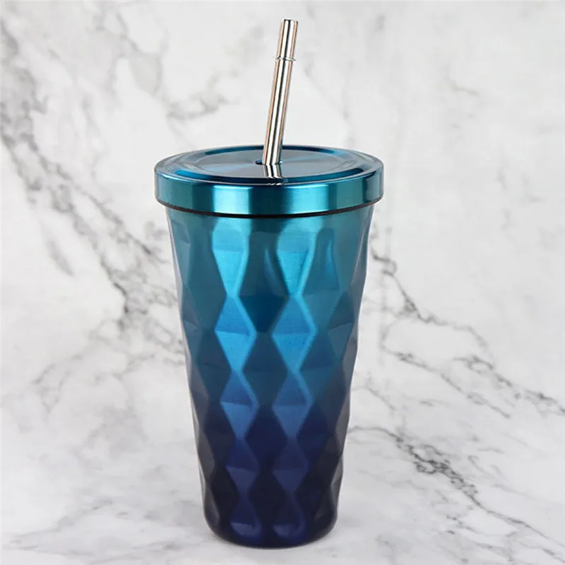 

Diamond Gradient Stainless Steel Cups With Straws 500ml Drinking Tumblers Eco-Friendly Cups 500ml