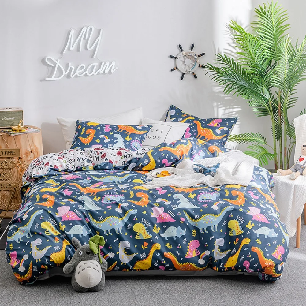 Kid Cartoon Bedding Set Orange Pink Blue Gray Dinosaurs Bedspread