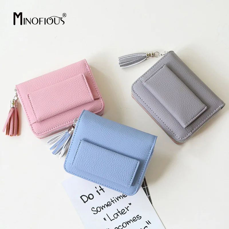 MINOFIOUS Small Wallet Female PU Leather Solid Coin Purse Women Short Tassel Coin Wallet Fashion Mini Cute Clutch Purse for Girl