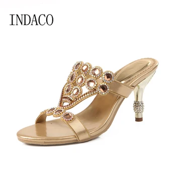 

Women Rhinestone High Heel Slippers Party Shoes Open Toe Slip On Luxury Summer Diamond High Heel Sandals Big Size 43 44