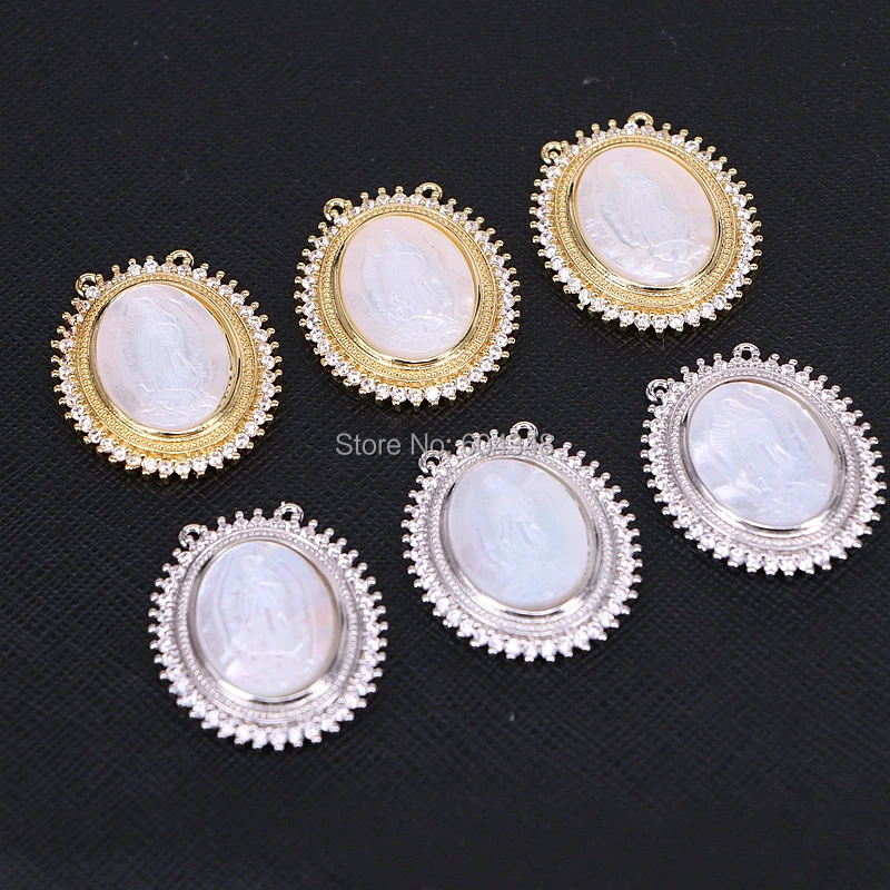 

5PCS Micro Pave CZ Nature Mother of pearl Shell Maria Necklace Pendant, Double Bails Crystal Zirconia Mop Shell Oval Pendant
