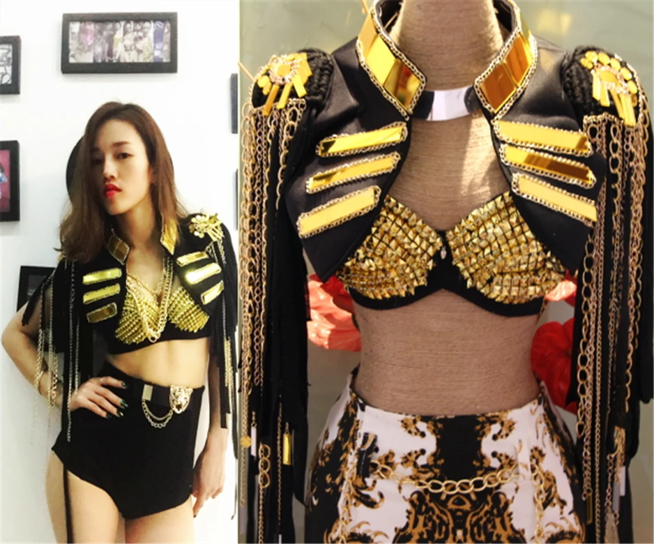 

Nightclub Gogo Costumes Show Dj Gold Lens Chain Tassel Vest Beyonce Sexy Rhinestone Dress Performance Costume Festival Wear