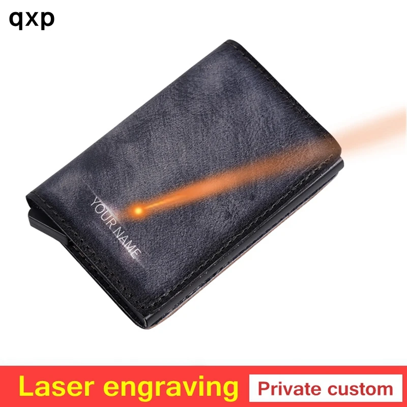 

Men Luxury Genuine Leather Wallet Automatic Credit card holder Aluminum Retro Cow Mini RFID Blocking Wallet Pocket ID Card purse