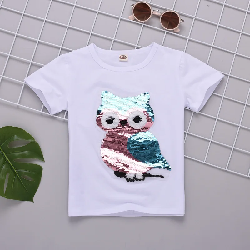 

2019 new children's short-sleeved cartoon T-shirt girls summer cotton flip sequins T-shirt tops children's T-shirt