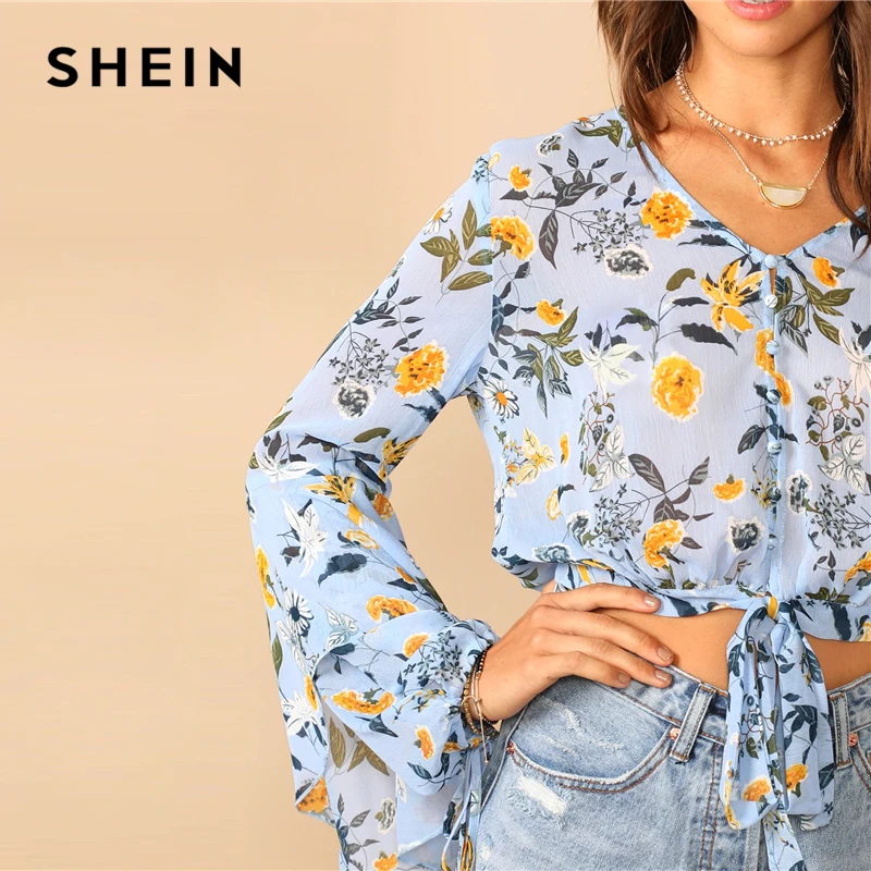 Женская блузка с длинным рукавом SHEIN синяя и бантом спереди 2019|Блузки| |